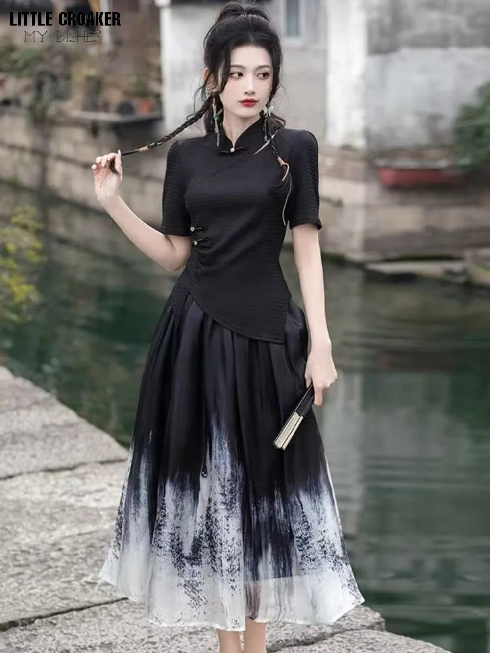 Chinese Style Holiday Outfits Womens Asymmetrical Top + Gradient Skirt Lady Full Sets for Women 2 Pieces