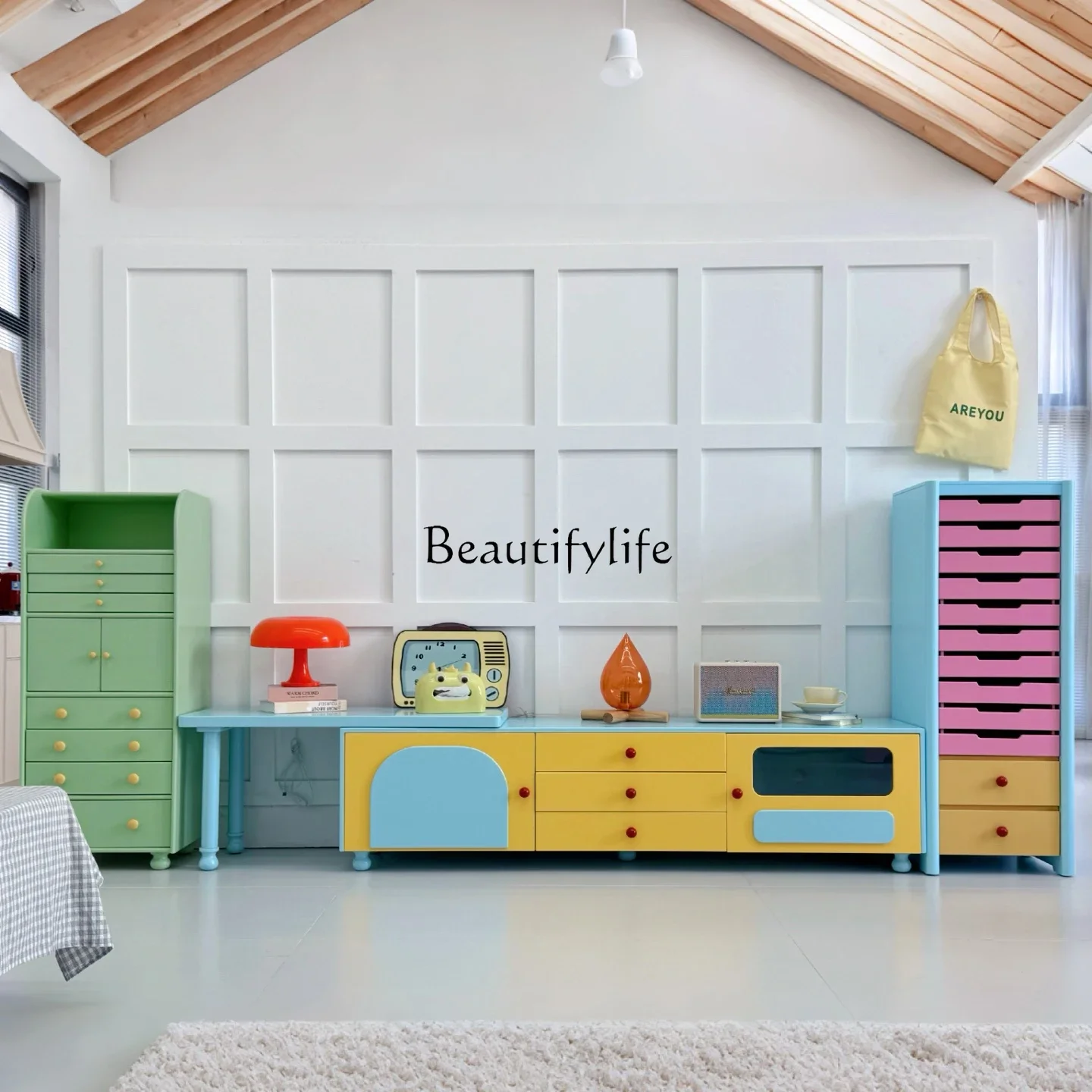 

pg45Telescopic TV cabinet Small apartment solid wood storage dopamine living room household floor cabinet