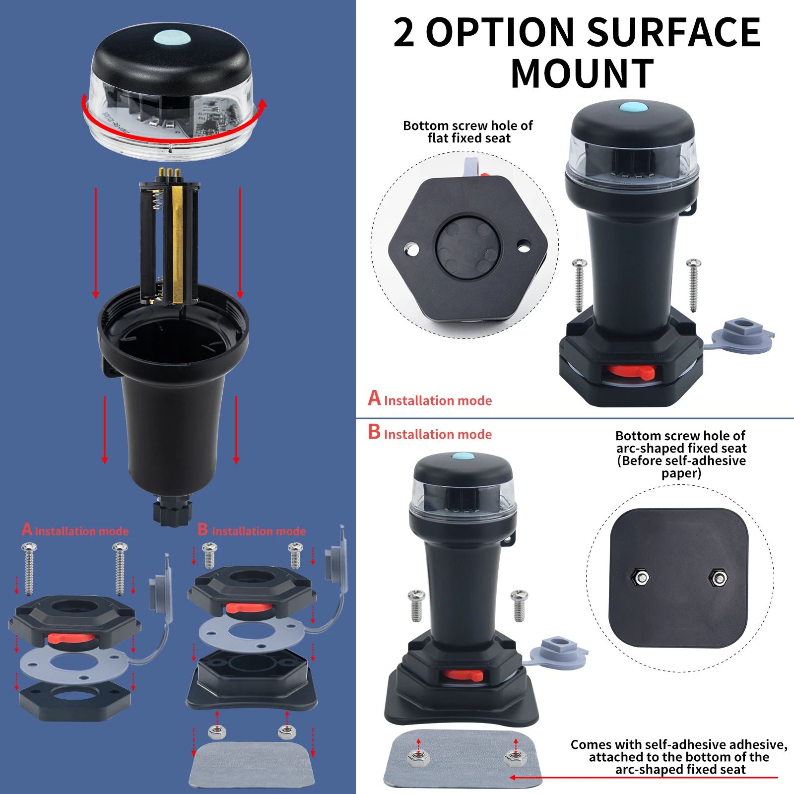 Boat Marine Kayak Portable Navigation Led Lamp All Round Multi-Light Color Adaptors Light AA Batteries(Not Included)