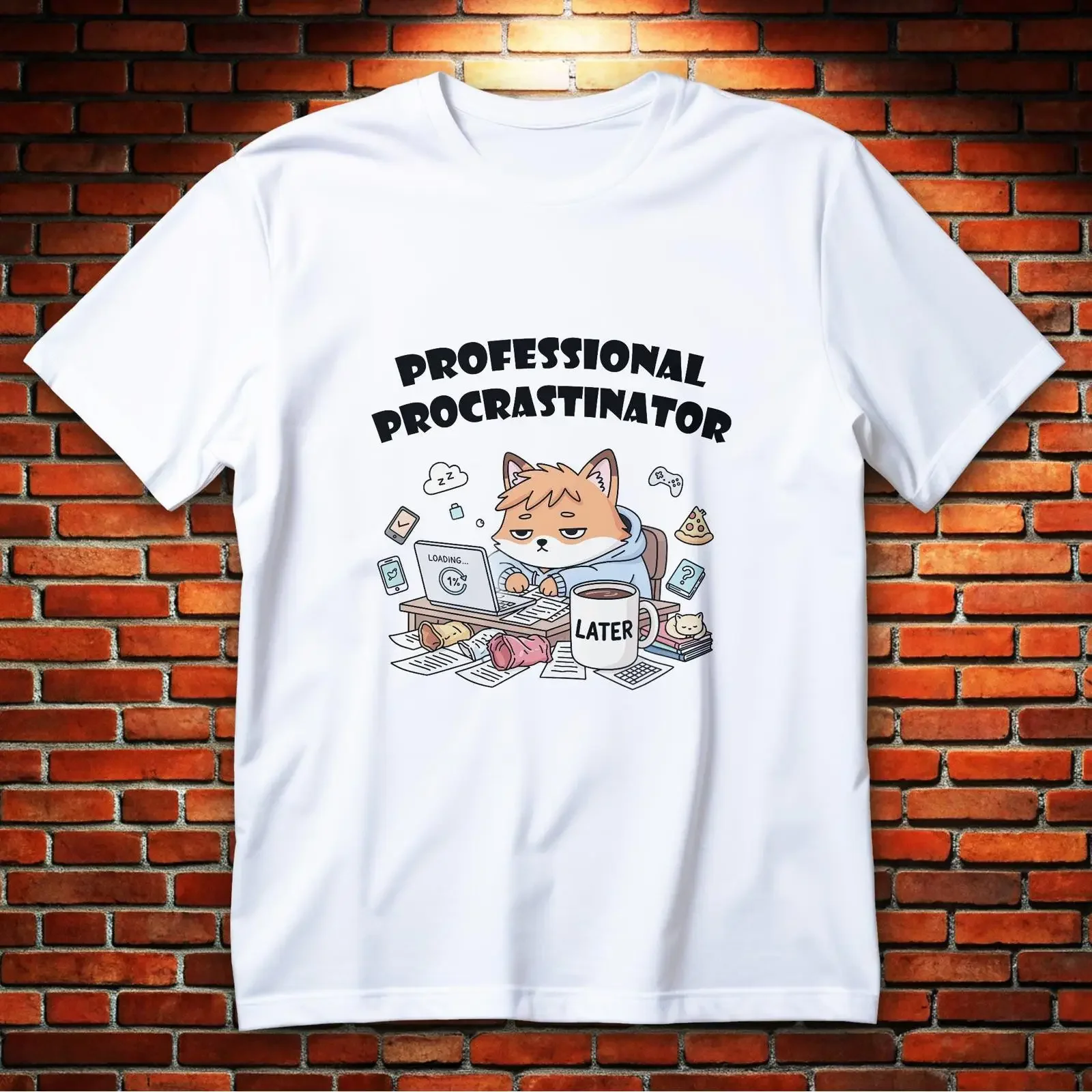 Professional Procrastinator Cute Lazy Cat T Shirt Kawaii Work Humor Funny Student Productivity Meme Casual Top  vintage Washed