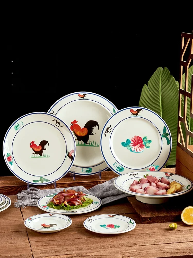 Retro Style round Chicken Public Dish Commercial Restaurant Dinner Plate Miam Material Cartoon Pattern 9 Inch Deep 2cm Univer...