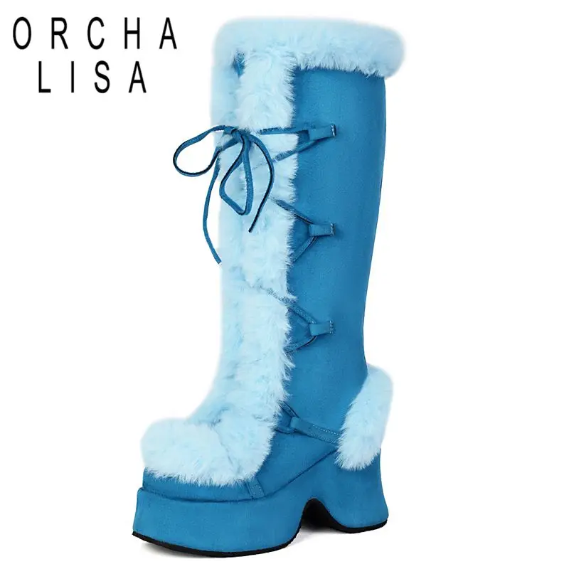 ORCHA LISA แฟชั่นหญิงฤดูหนาวหิมะรองเท้าบูทรอบ Toe Chunky รองเท้าส้นสูง 8.3 ซม.แพลตฟอร์ม 4.3 ซม.Lace Up Furry ผสมเข่าอุ่น Bota 42 43