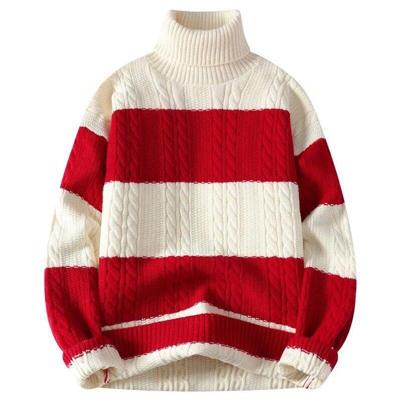 เสื้อสเวตเตอร์ผู้ชายสีแดง ฤดูใบไม้ร่วง ฤดูหนาว ปี 2026 เสื้อคอเต่าลำลอง ถักลายทาง สไตล์สตรีทแวร์