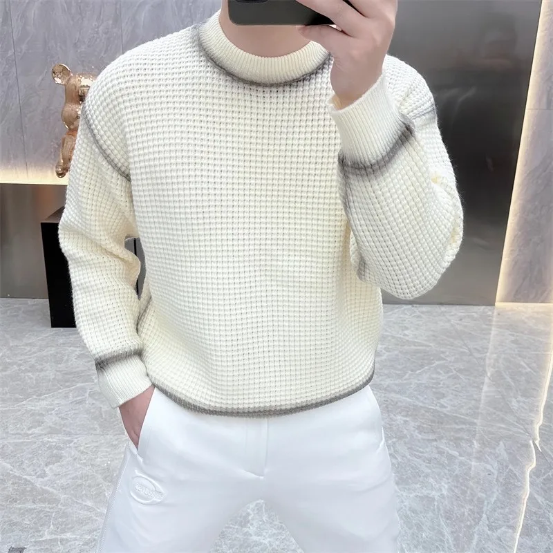 

Autumn Knitted Sweater for Men Long Sleeve Casual Wool Blend Sweaters Male Round Neck Business Office Social Versatile Pullover