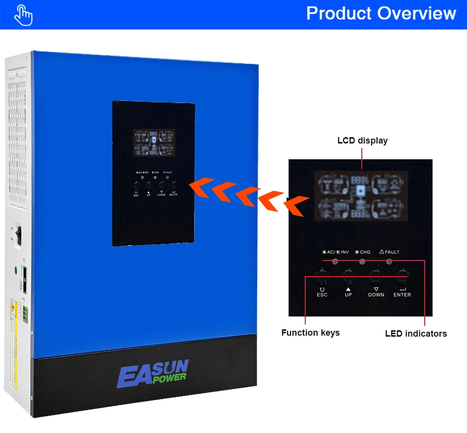 EASUN 6,2KW Hybrid-Solarwechselrichter Reine Sinuswelle 230Vac Netzunabhängig MPPT Photovoltaik-Solarwechselrichter 100A Solarladegerät PV 8500W 500VDC – Detail 6