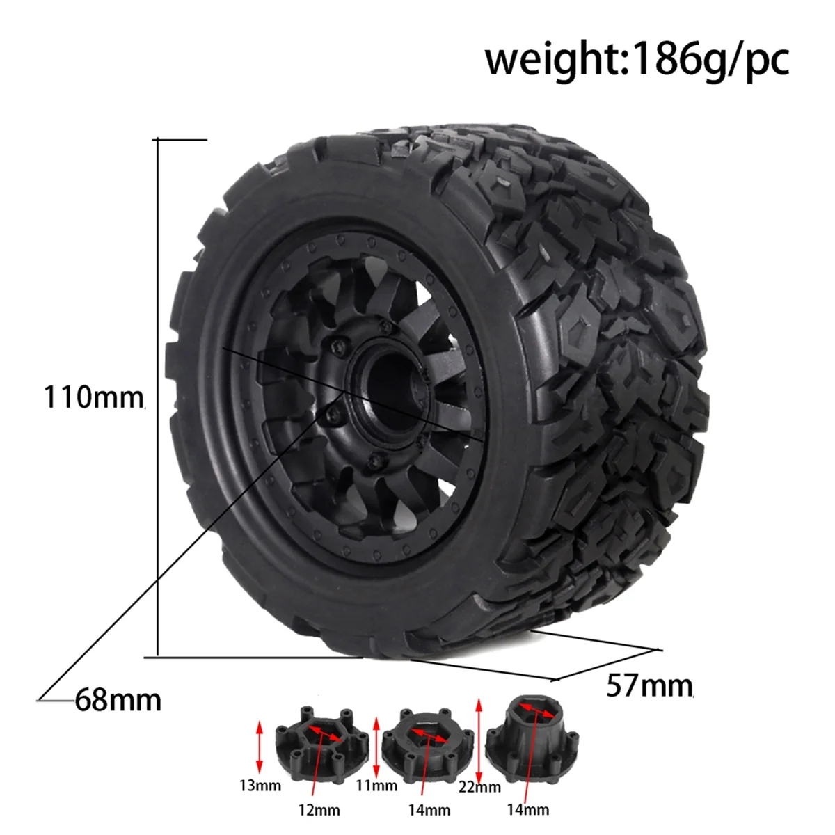 4Pcs 110Mm 1/10 -Stunt Truck Tire 12Mm and 14Mm Hex for / ARRMA /KRATON/Outcast/ B