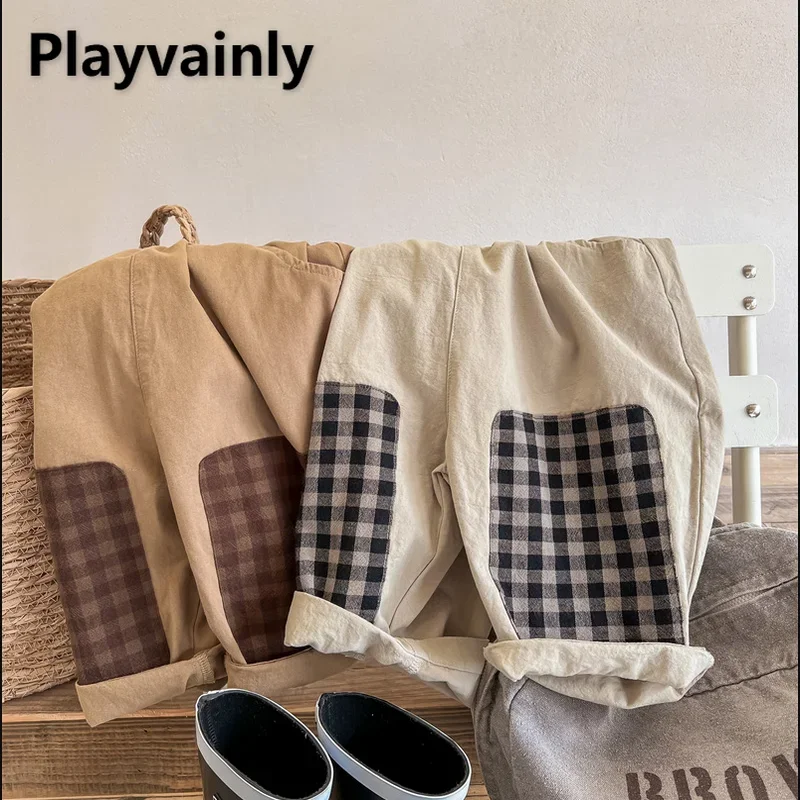 Korean Style New  Autumn Baby Boy Girl Pants Plaid Patchwork Harem Pants Coffee Apricot Cotton Casual Pants Baby Clothes E22039