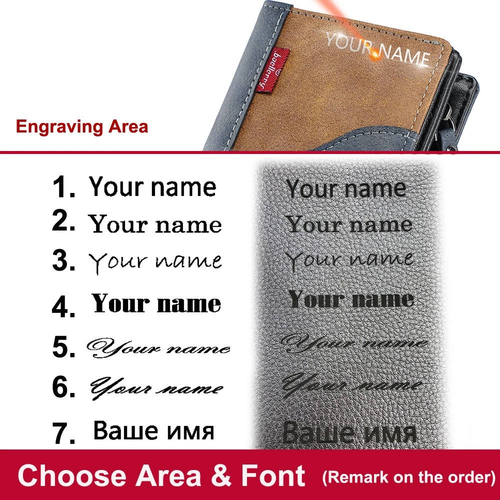 Name Engraving Large Capacity Men Wallets High Quality New Simple Short Card & Photo Holder Zipper Male Coin Pocket