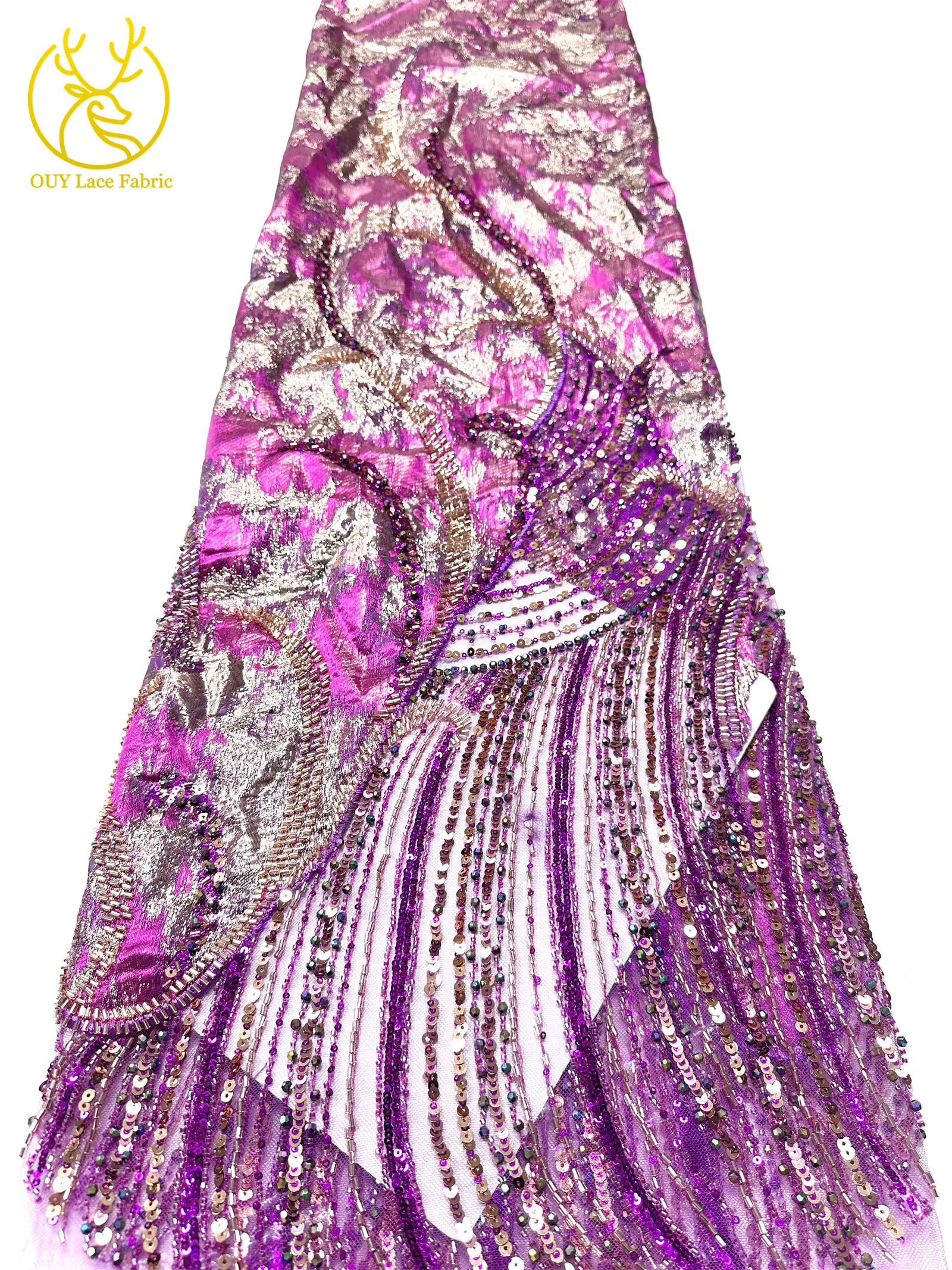 Lila luxuriöser afrikanischer schwere Perlen-Chiffon-Spitzenstoff 2026 Hochwertiger nigerianischer Pailletten-Spitzenstoff für Abendkleider 5 Yards – Detail 16