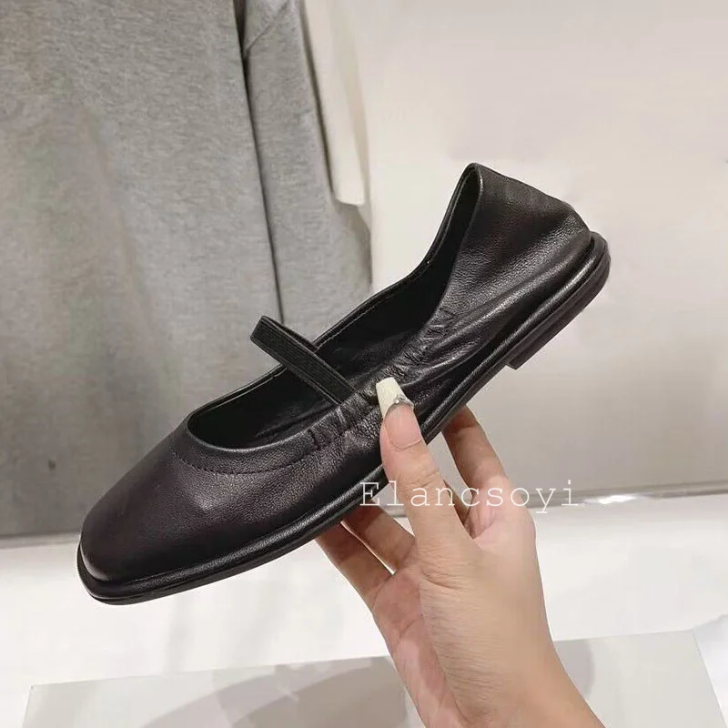 Spring Autumn Round Toe Flat bottom Ballet Shoes Women Genuine Leather Shallow Mouth Elastic Band Flat Lazy Loafers Single Shoes