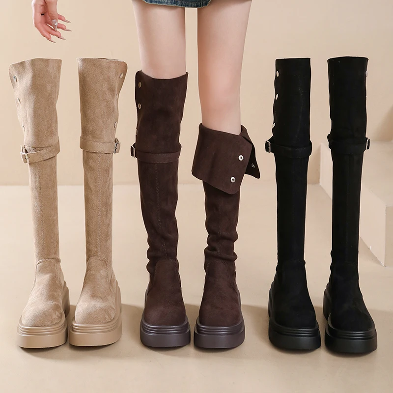 Fashionable Long Tube Boots Women's Spring Autumn New Thick Heel Heightening over Knee Knight Boots PU Material Comfortable