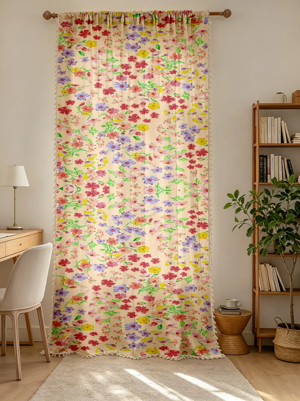 1PC Floral Tassel Sheer Curtains, Colorful Mixed Flower, Digital Print, Linen Polyester, Bedroom Living Room Kitchen, Home Decor