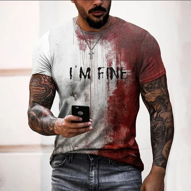 Vintage Men Bloody I'm Fine Halloween 3D Printed T-shirt Casual Fashion Street O Collar Short-sleeved Top image 4