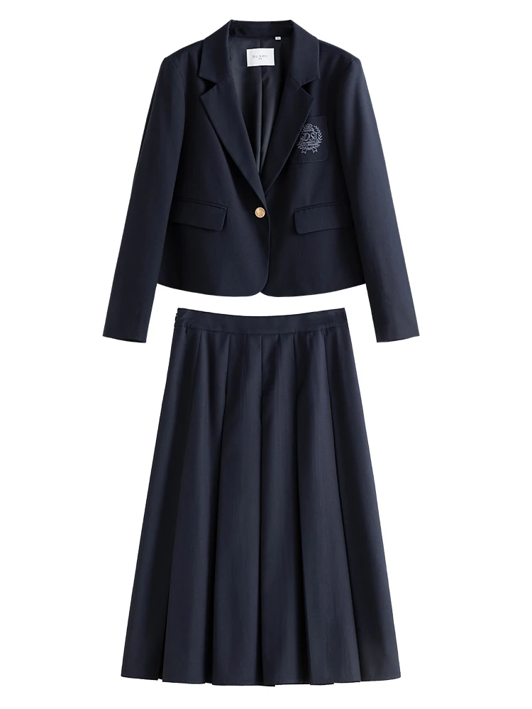 DUSHU College Style Short Blazer Coat Fashion Two Piece Suit for Women Literary Retro Spring New High Waist Half Pleated Skirt