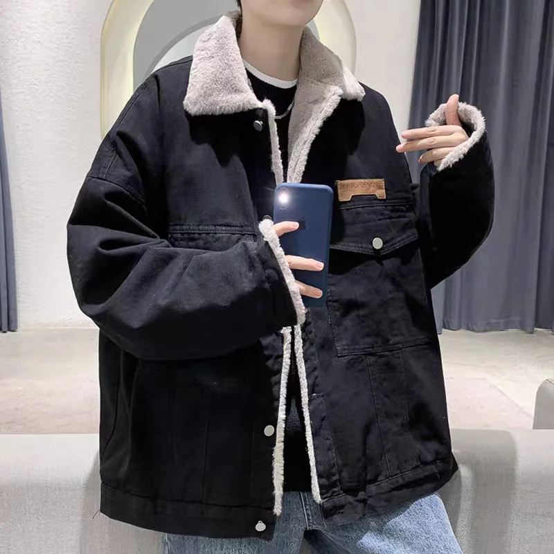 Winter New Velvet Denim Jacket Boys Trend Hong Kong Style Loose Lamb Wool Fashion Jacket Trend