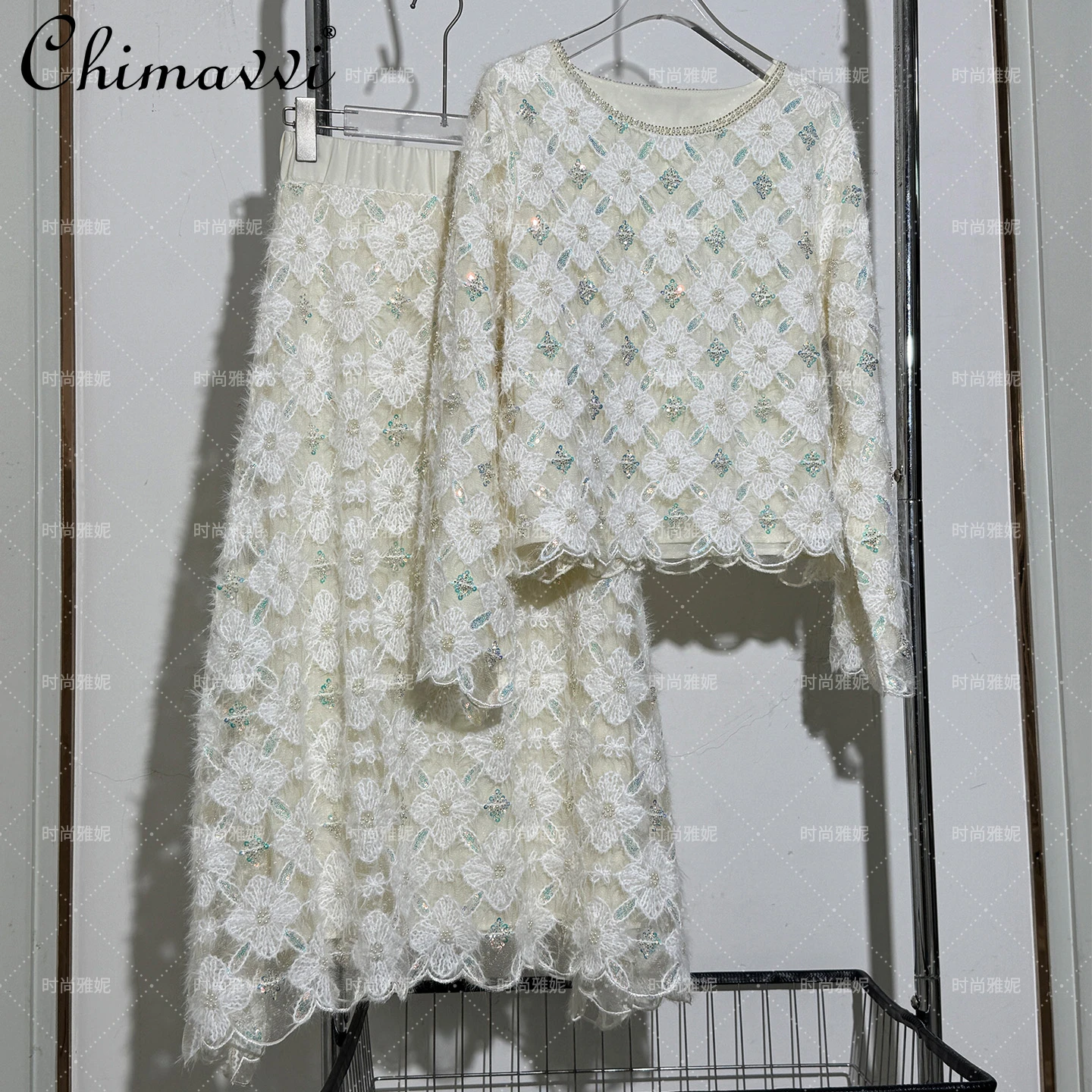 

Fashion New Long Sleeve Top Floral Heavy Embroidery Stage Sequins Pearl Beading Women's Mid-Length Skirt Autumn Party 2Piece Set