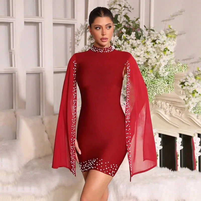 

Fashion Red Bead Bandage Dress 2026 Summer New Tulle Cape Sleeves Tight Thin Skirt