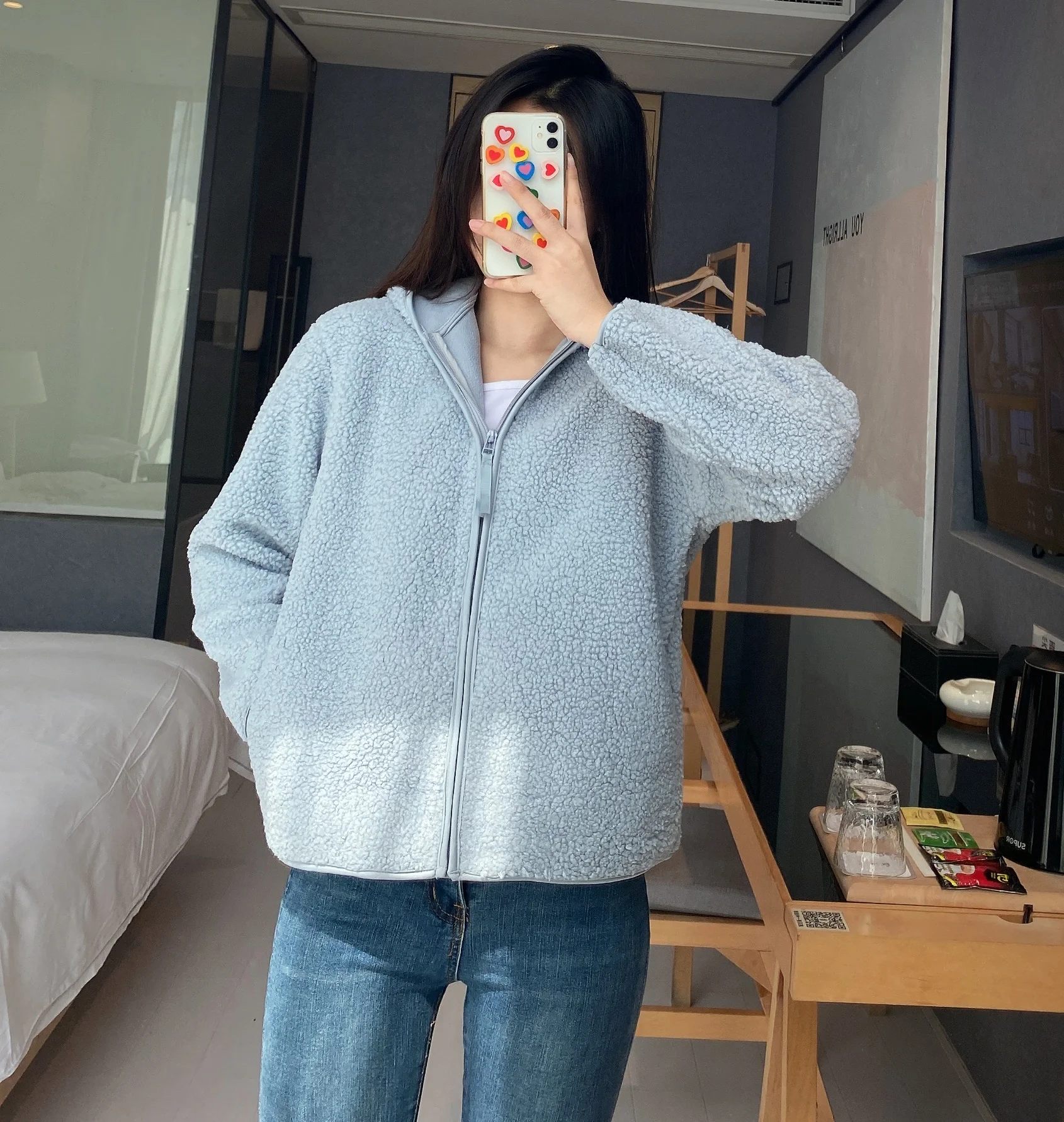 

Теплая женская осенняя куртка-пальто из искусственной овчины с капюшоном на молнии, вельветовая, синяя, для повседневной носки, защита от загрязнений, модель TR