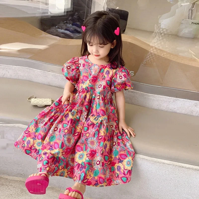 Summer Kids Floral Dresses for Girls Korean Loose Casual Dress Girl Clothing Cute Children Toddler Baby Girl Princess Dress 6 8