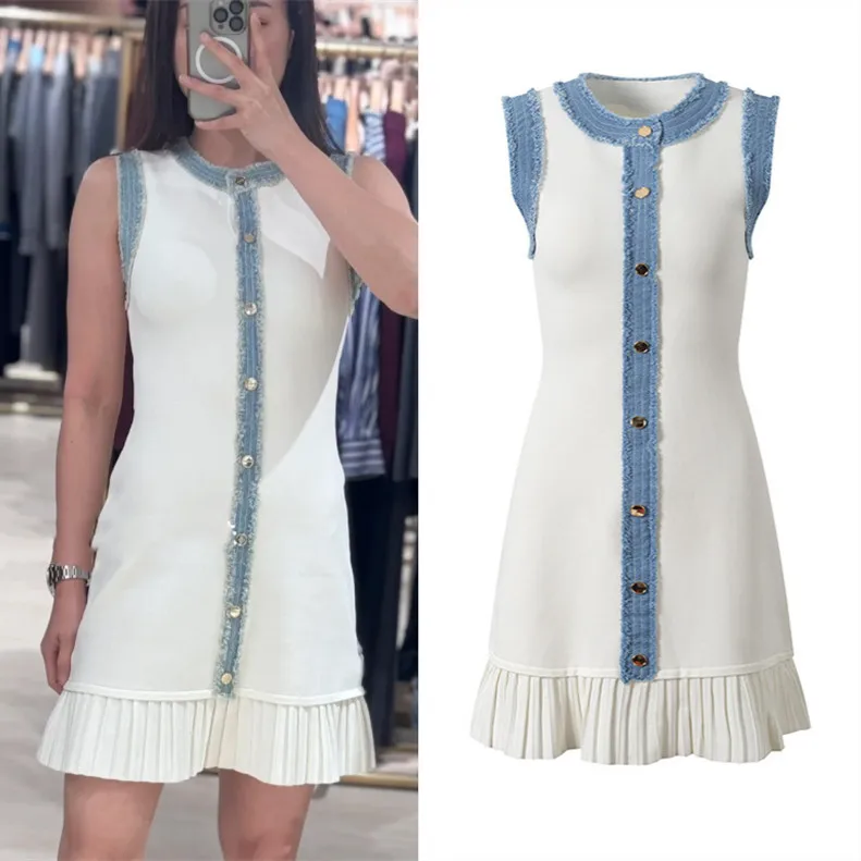 

High-End Version European Sle S Home Women's Denim Patchwork Slim ort Skirt Faion Color Blo Svel Pleated Knitte...