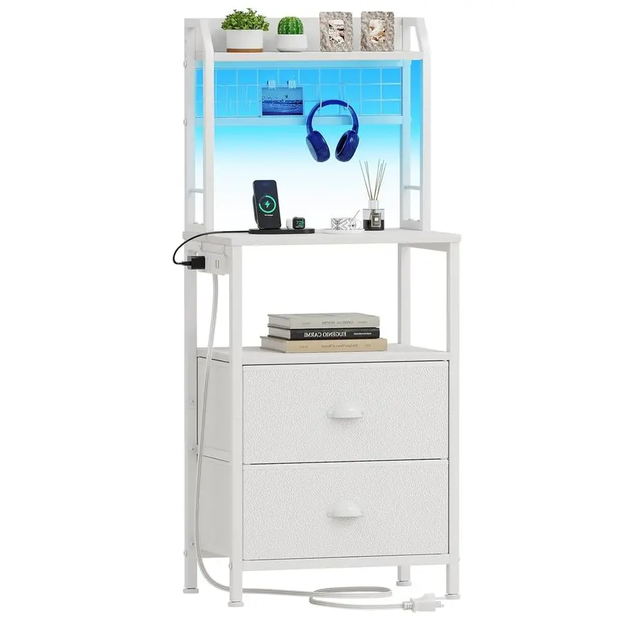 

40 Tall Nightstand with Charging Station, Bedside Table with LED Lights, End Table with 2 Drawers and Storage Shelves, Night St