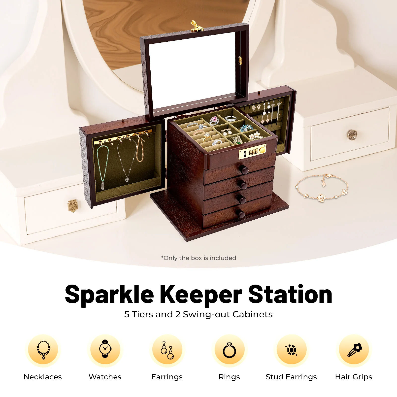 Grote 5-laags sieradendoosorganizer met slot 2 schommelkasten Ingebouwde spiegel Zachte fluwelen voering voor kettingen Ringen