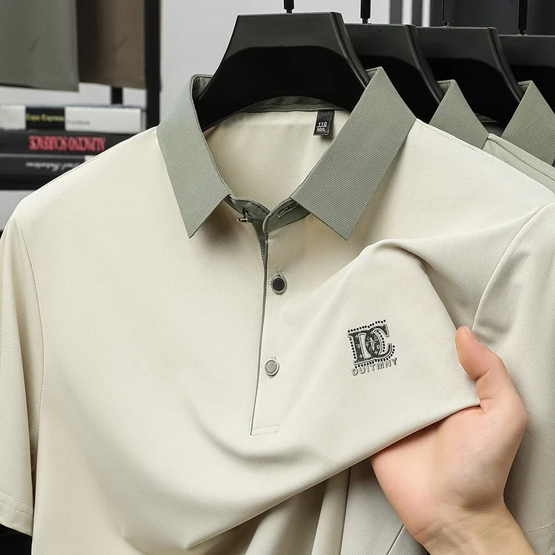 

2025 Summer Men's Short Sleeved T-shirt with a Collar, High-end Middle-aged and Young Dad T-shirt, Ice Silk Seamless Polo Shirt