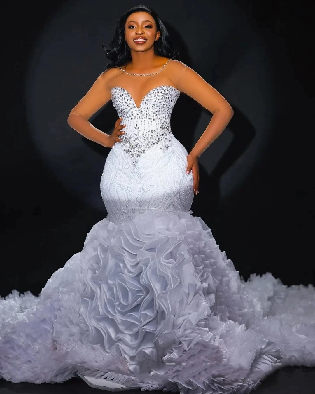 

Customized 2026 New Luxurious White Mermaid 3D Rhinestone Pleated Women's Wedding Dress Sexy Transparent V-Neck Ball Bridal Gown