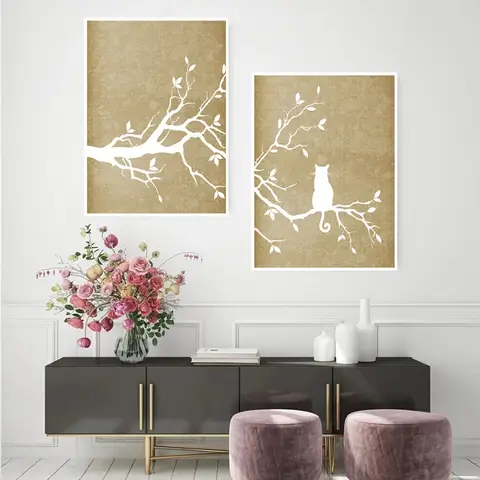 Bilashmart Set of 2 Cat and Tree Wall Art Prints Modern Farmhouse Decor in Neutral Palette of Khaki Tan Gold Brown for Home Gallery Wall