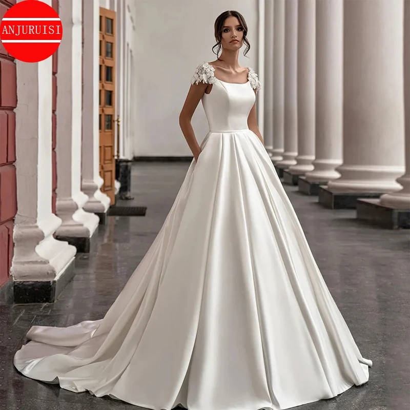 

Satin Wedding Dress For Women Elegant Cap Sleeve Scoop Neck Flowers Court Train A Line Bridal Gown with Pockets Robe De Mariee