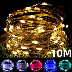 Cadena de luces LED de alambre de cobre, guirnalda alimentada por batería, cuerdas de iluminación de hadas para vacaciones, Navidad, boda, decoración de fiesta, 10M