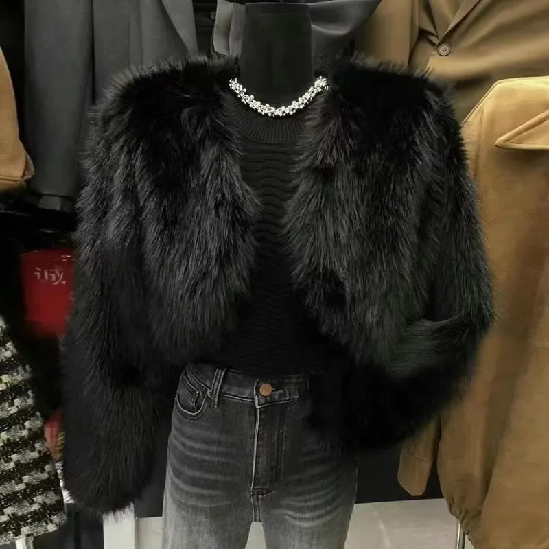 Autumn Winter Short Fur Jacket Women's Plush Outerwear Casual Loose Fit V-Neck Button Closure  Color Slimming Effect