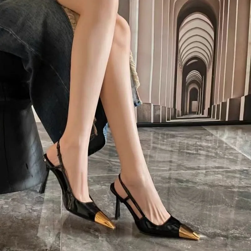 Fashionable and Retro Pointed-toe High-heeled New Metal Patent Leather Heel Sandals Single-shoe Fashion Show