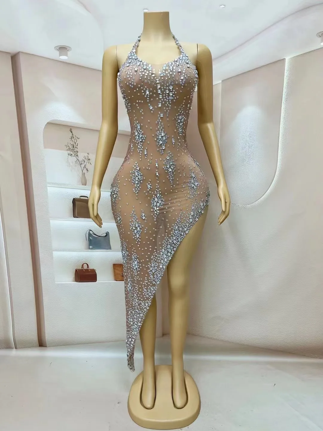 

Silver Rhinestones Sexy Sleeveless Split Transparent Dress Birthday Evening Celebrate Dance Birthday Party Sexy Outfit xinghe