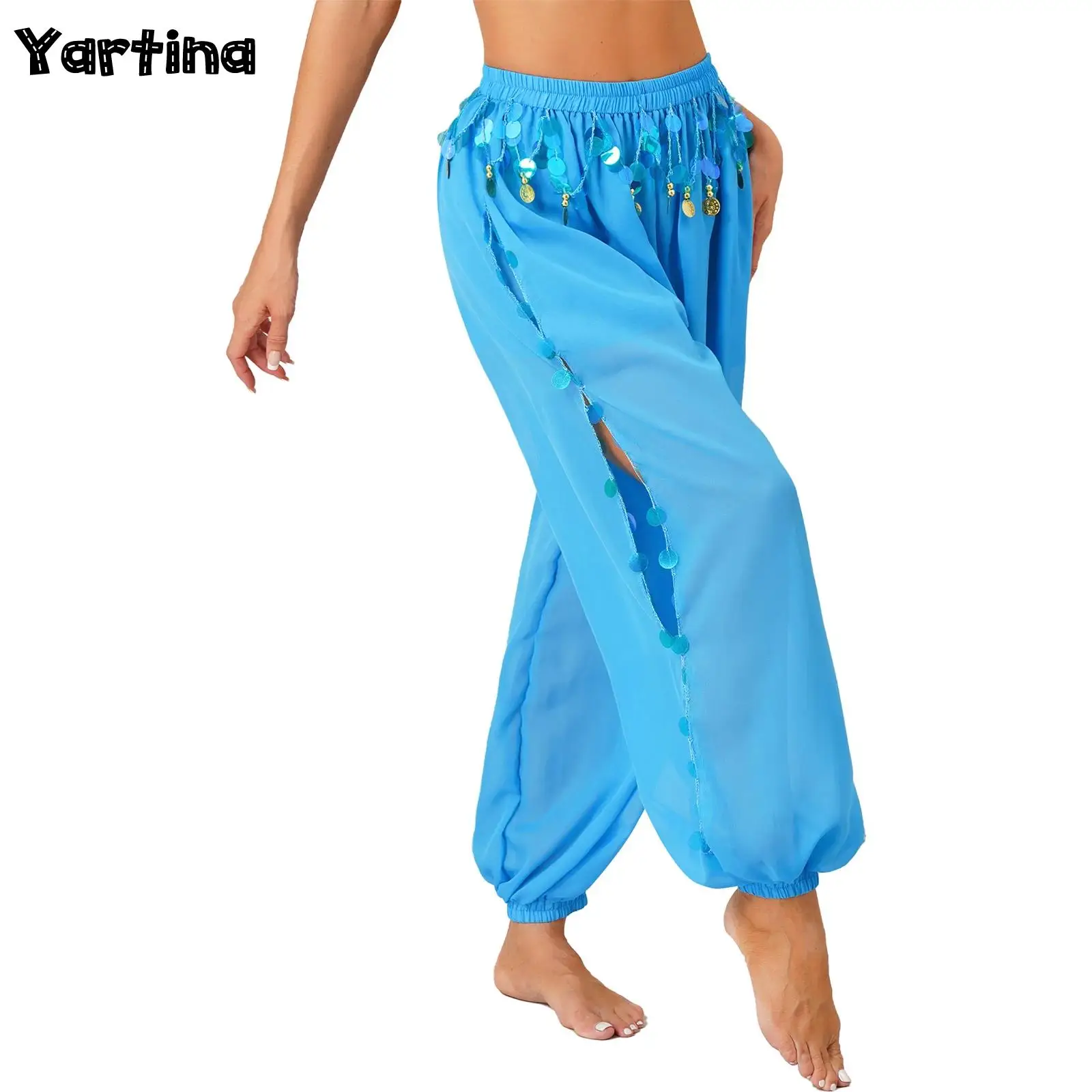 

Womens Side Split Sequins Bloomers Semi See-Though Loose Shiny Harun Pants Belly Dance Lantern Pants Stage Performance Costume