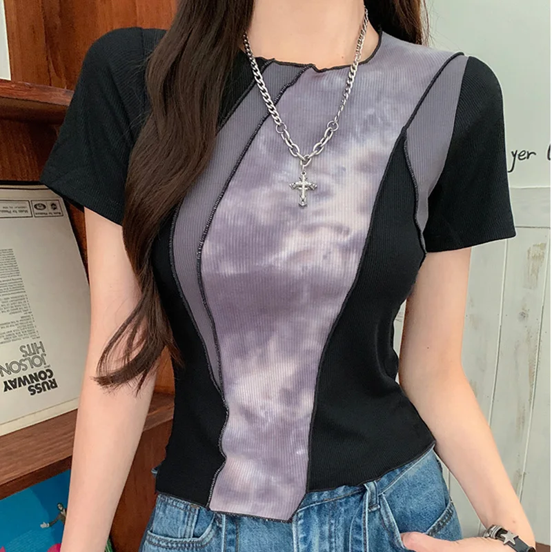 2025 Summer Short Sleeve T Shirt For Women Fashion Slim Sexy Tee Contrast Color Crop Tops Female O Neck Irregular Tshirts Female
