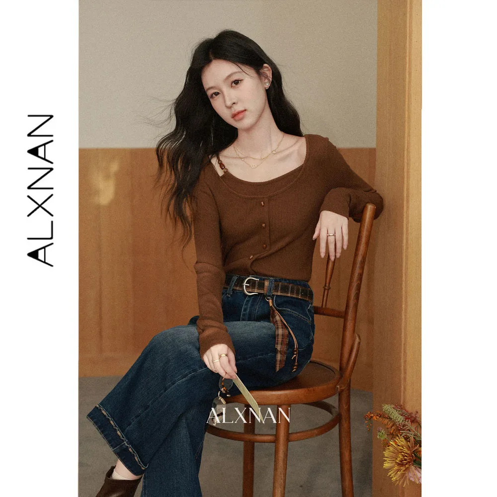 ALXNAN Blue Wide‑leg Jeans Women Autumn Vintage Cuffed Hem Elegant Long Pants 2026 Fashion Baggy Denim Trousers Ladies L67906