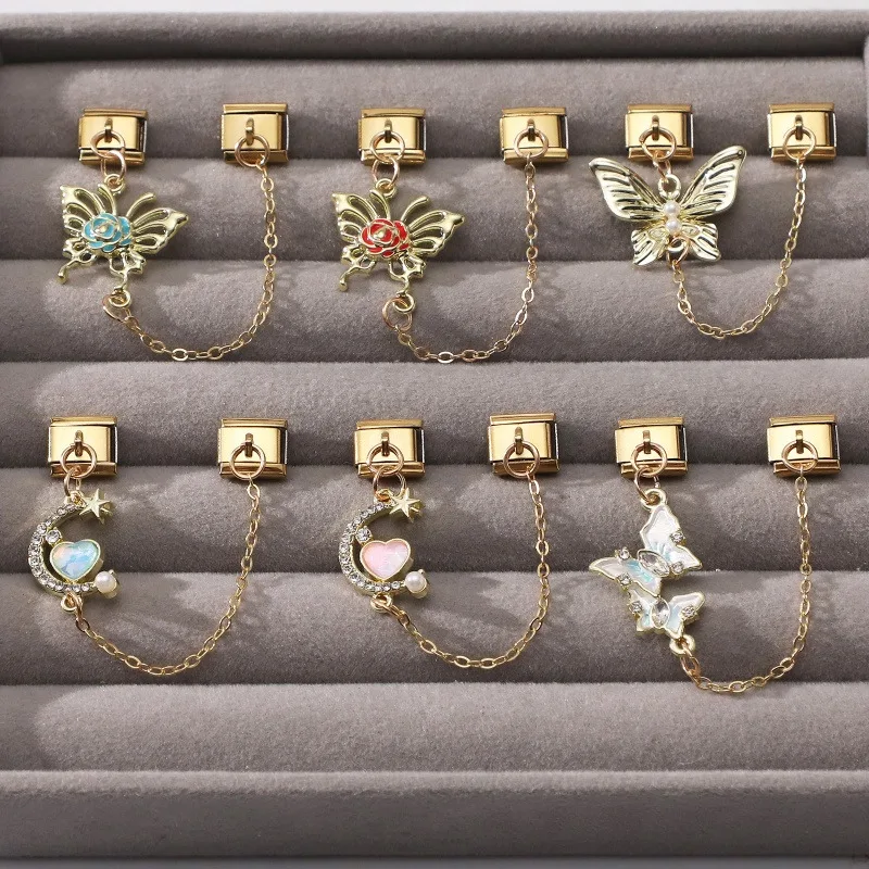 Color dorado, corazón rosa, estrella, cereza, Luna, cadena, borla, abalorio italiano, ajuste de pulsera de acero inoxidable de 9mm, regalos DIY para mujer