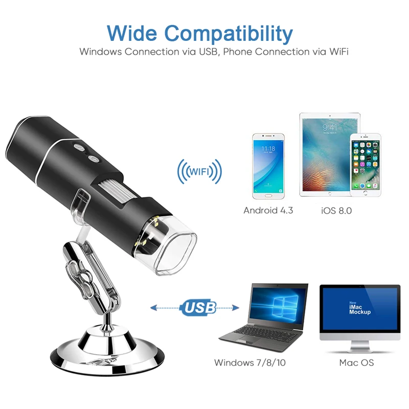 Wireless Handheld Digital Microscope 1000X Portable USB WiFi Microscopes Magnifier With 8 LED Bracket For Android IOS PC