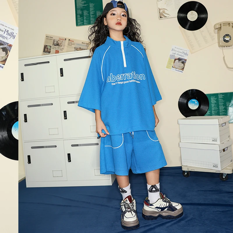 Boys Girl Kpop Street Wear Outfits Teenage Blue Oversize Shirt Cargo Hip Hop Shorts Clothing For Kids Jazz Dance Costume Clothes