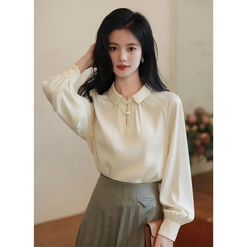 

Women's Autumn Fashion Simplicity Solid Color Polo Collar Long Sleeve Shirts Women Clothes Casual All-match Temperament Tops