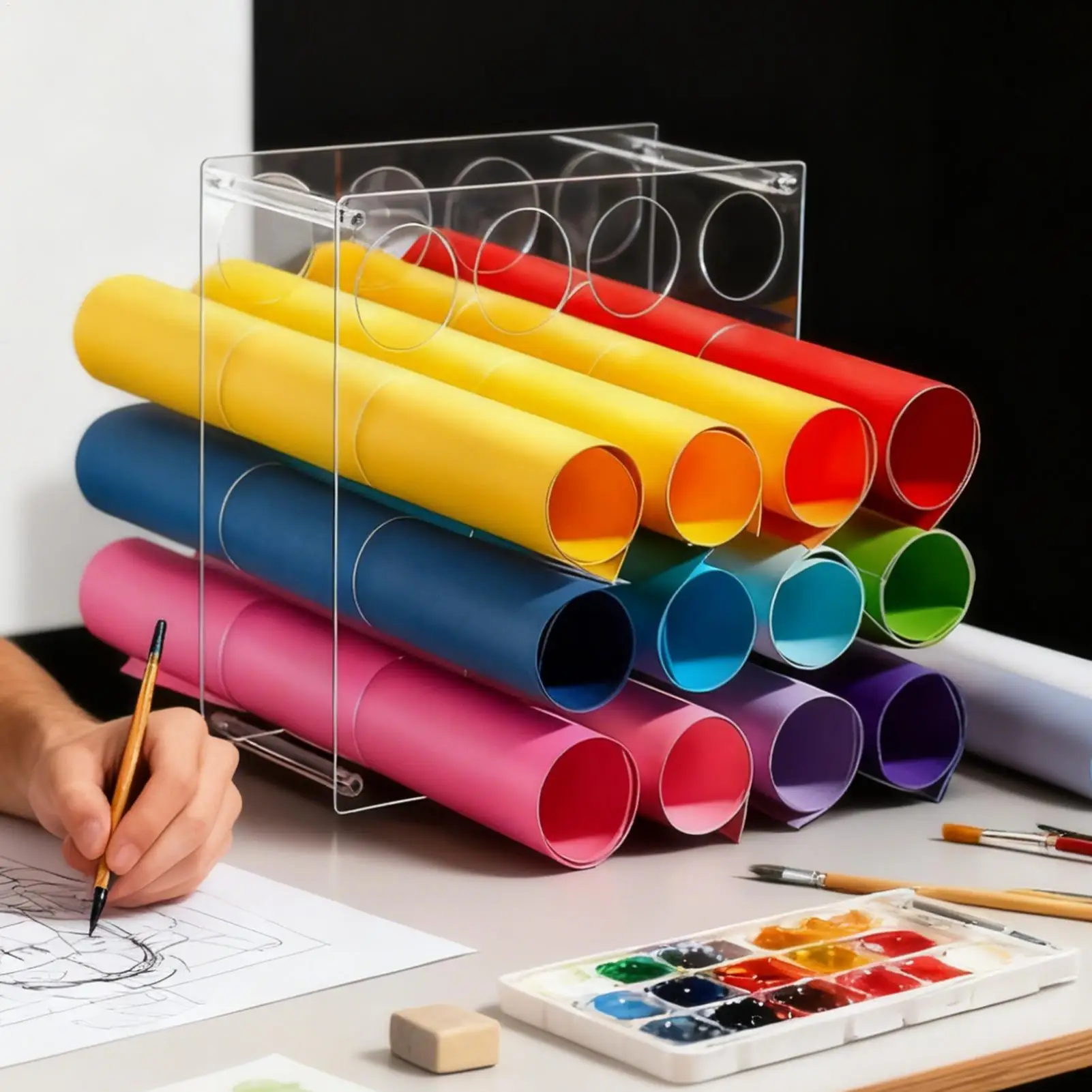 كرافت لفة حامل 2 قطع واضح الاكريليك عرض قوس 16 حفرة كرافت ورقة لفة حامل لتنظيم سطح المكتب الفن استوديو