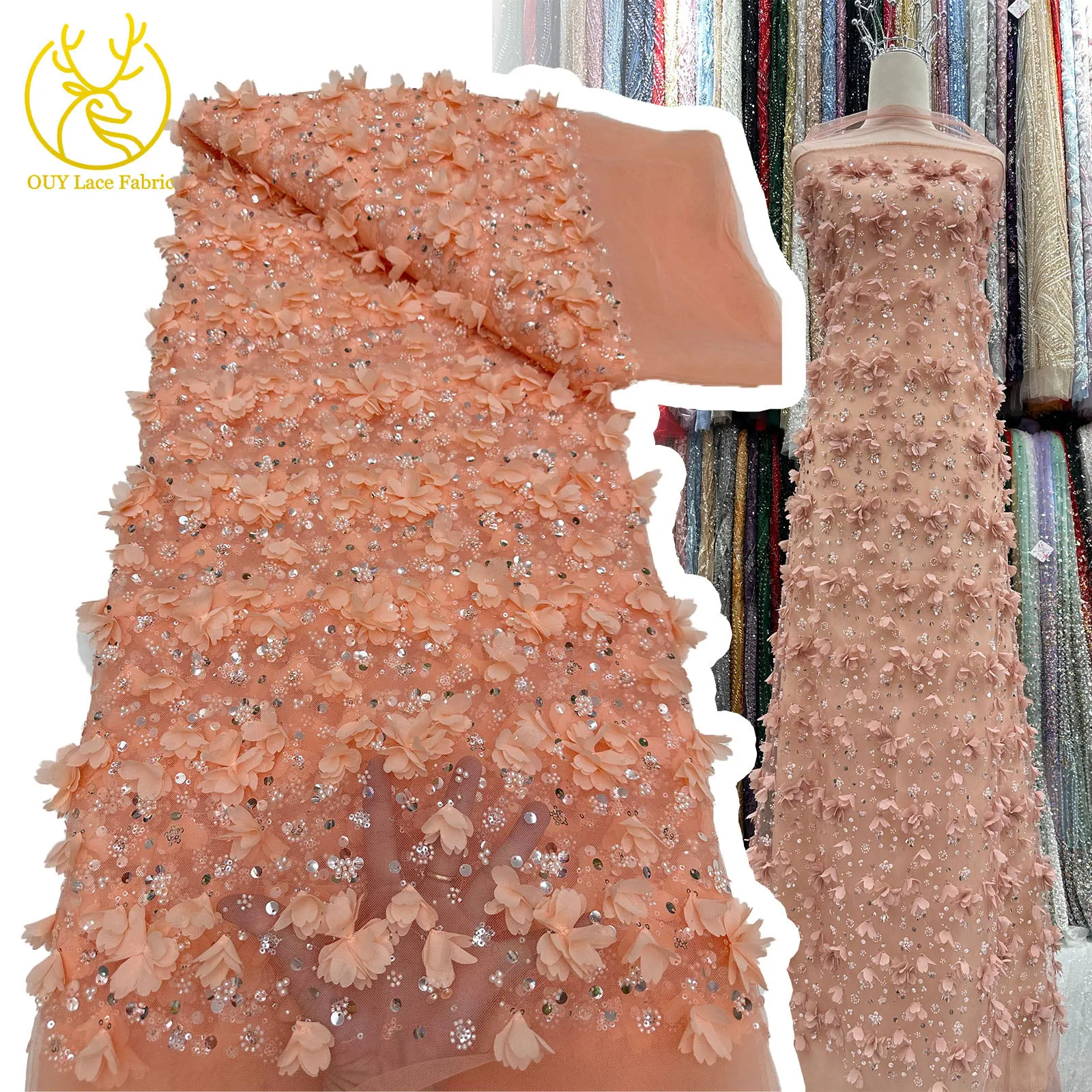 

3D Flower Lace African Beaded Sequins Mesh Lace Fabric French Exquisite Embroidery High Quality Fabric Wedding Party Dresses