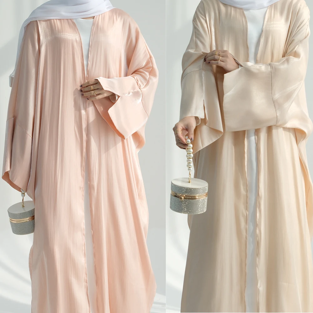 Muslim Women Shiny Satin Kimono Abaya Solid Dubai Elegant Luxury Kaftan Modest Dress Islam Caftan Marocain Robe Femme Musulmane