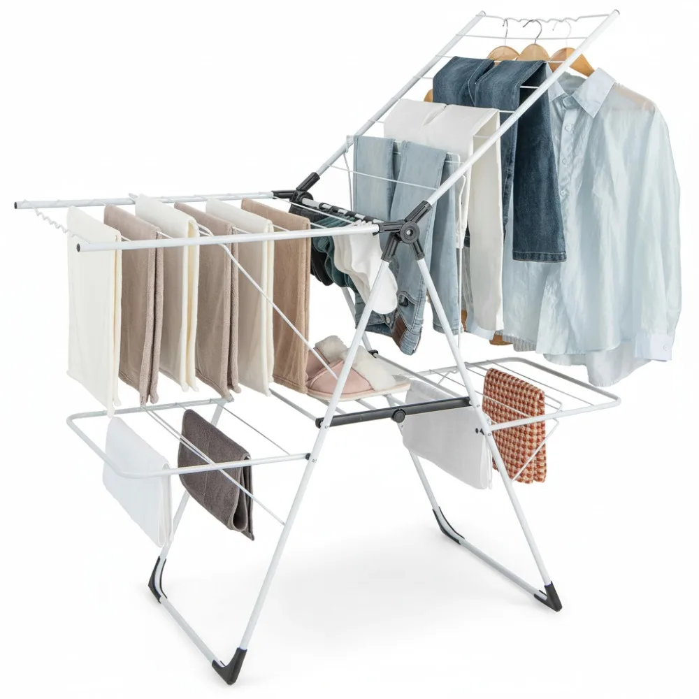 

2-Tier Foldable Laundry Drying Rack Adjustable Height Gullwing Side Clips Freestanding Indoor Outdoor Garment Shelf