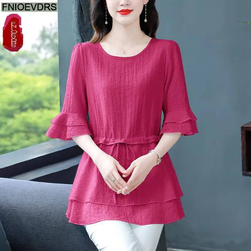 S-4XL 2023 Women Summer Short Sleeve Elegant Office Lady Work Shirt Casual Slim Drawstring Waist Tunic Peplum Tops And Blouses