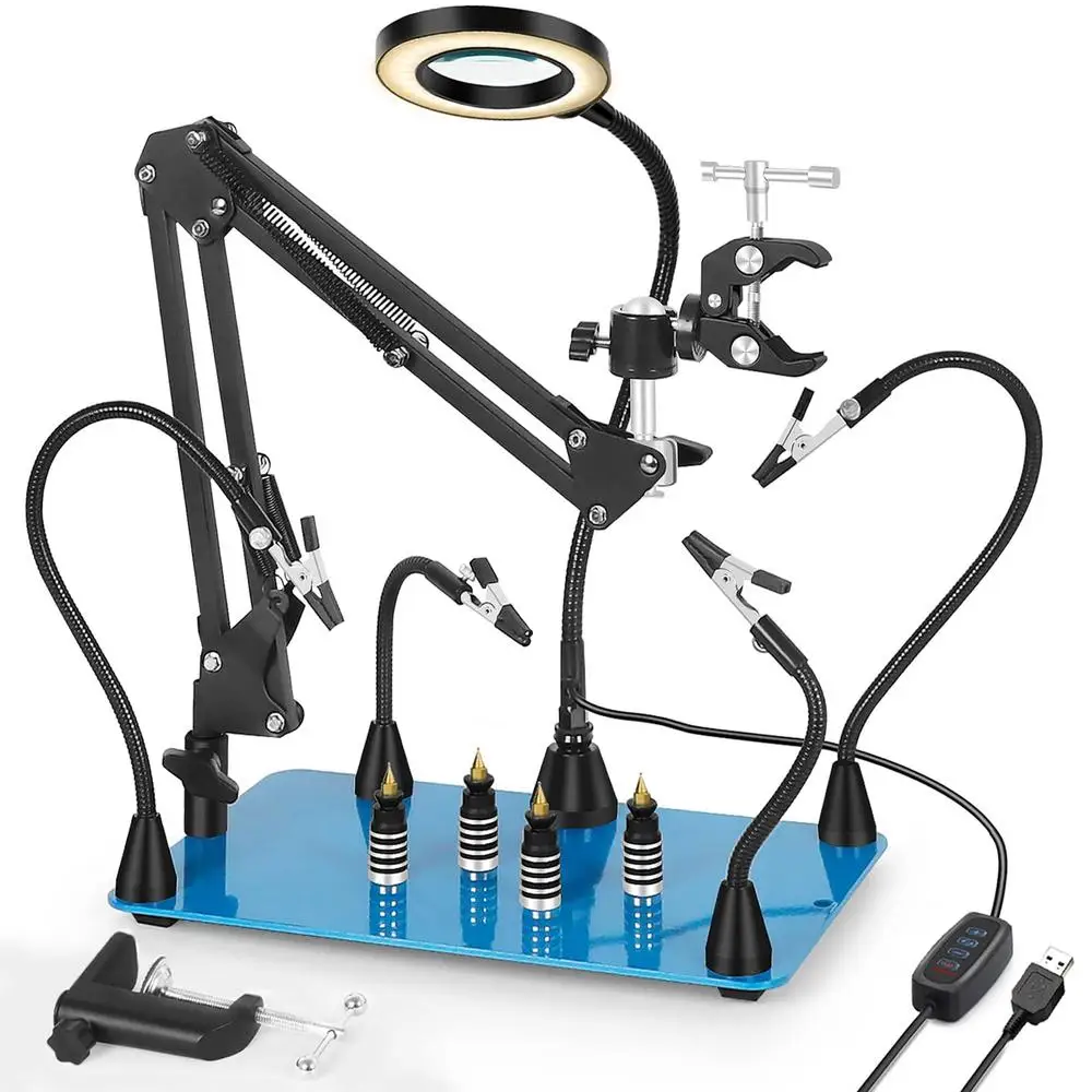 Magnetic Helping Hands Soldering Clamp 2-in-1 Work Station w/USB Magnifying Lamp 360° Rotatable Bracket Clamp Strong Magnetic