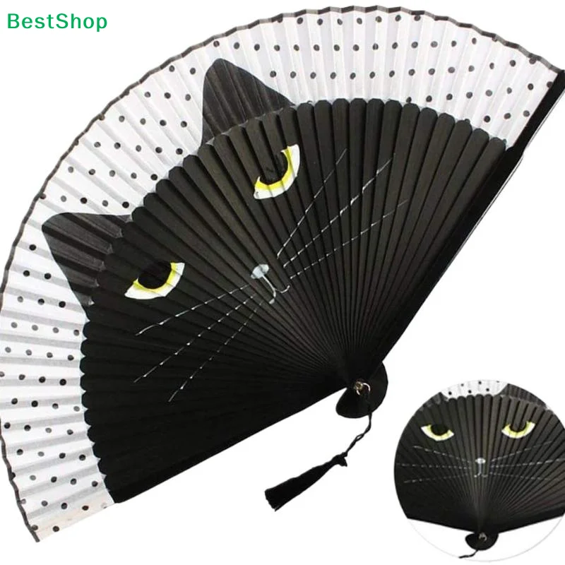 〔Q〕Cute Black Cat Pattern Folding Fan, Black & White Polka Dot Hand Fan, Portable Bamboo Fan for Women, Daily Use & Gift