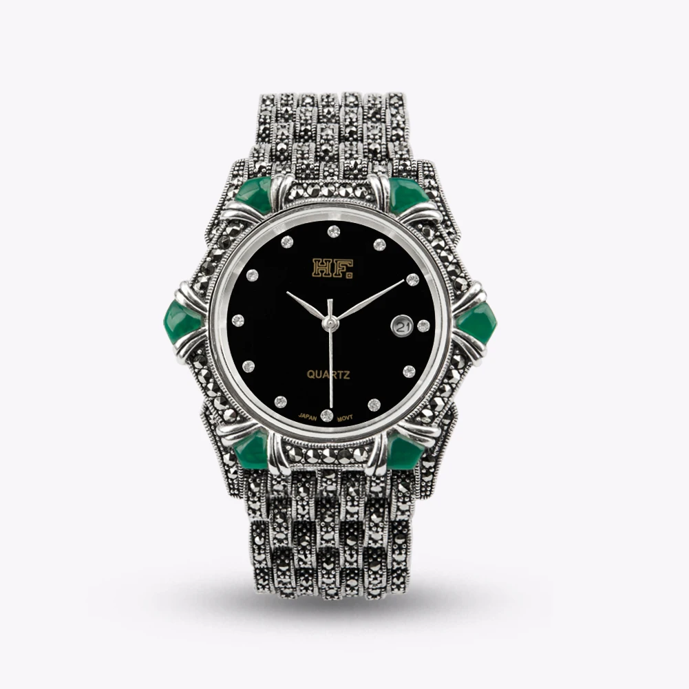 Relojes de Cuarzo para Mujer, Plata de Ley 925, Ónix Verde, Marcasita, Joyería de Lujo Vintage, Reloj de Pulsera de Plata Tailandesa