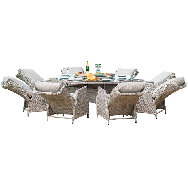 

Reclining 8 Seat Round Dining Table Chair Set Aluminum Patio Furniture Luxury Outdoor Furniture
